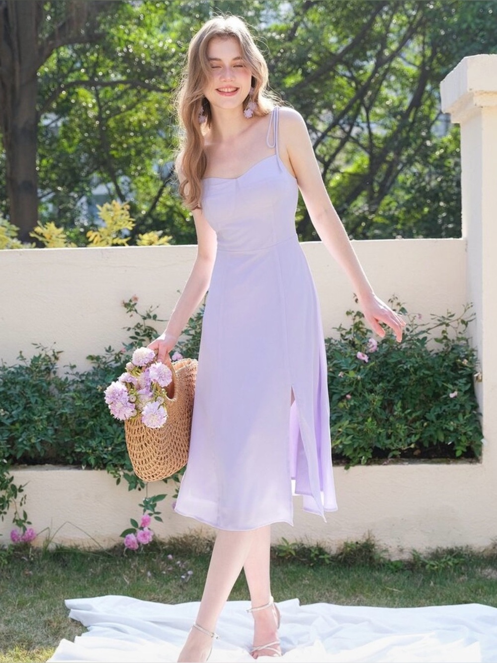 Sleeveless Lilac Midi Slip Sundress with Tie Straps